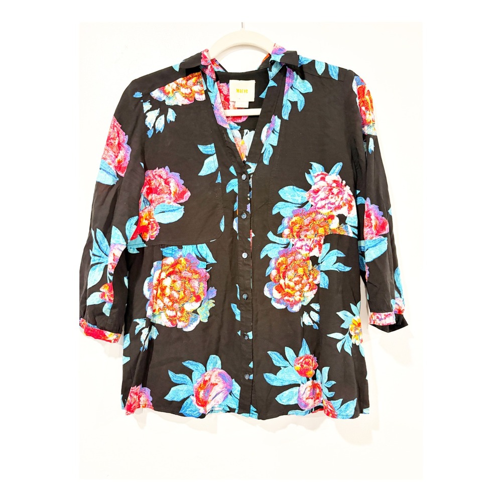 Maeve Anthropologie Floral Button Down Blouse Black Pink Peony Size 6 3/4 Sleeve